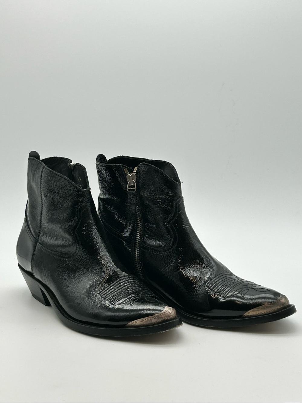 Golden Goose Black Leather Western Ankle Boots with Silver Toe Caps